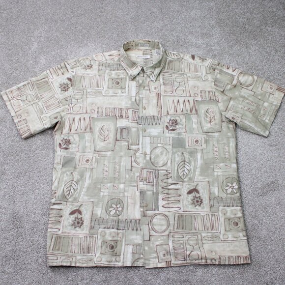 Burma Bibas Shirt Mens XL Beige Geometric 60 Singles Cotton Lawn S/S Button Up - Picture 2 of 14